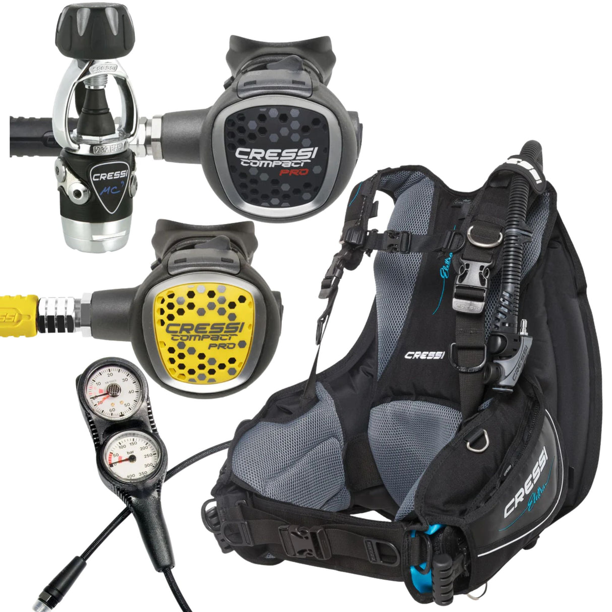 Cressi BCD Package: Elettra Ladies Pro + MC9-SC Compact Pro + Compact Pro Octopus + Gauges