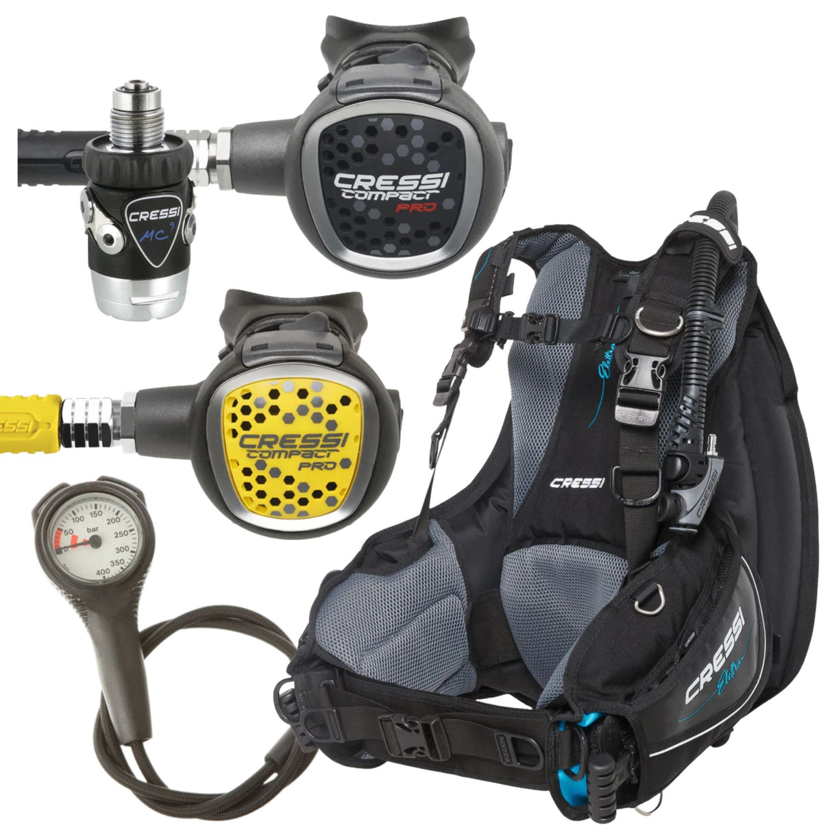 Cressi BCD Package: Elettra Ladies Pro + MC9-SC Compact Pro + Compact Pro Octopus + Gauges