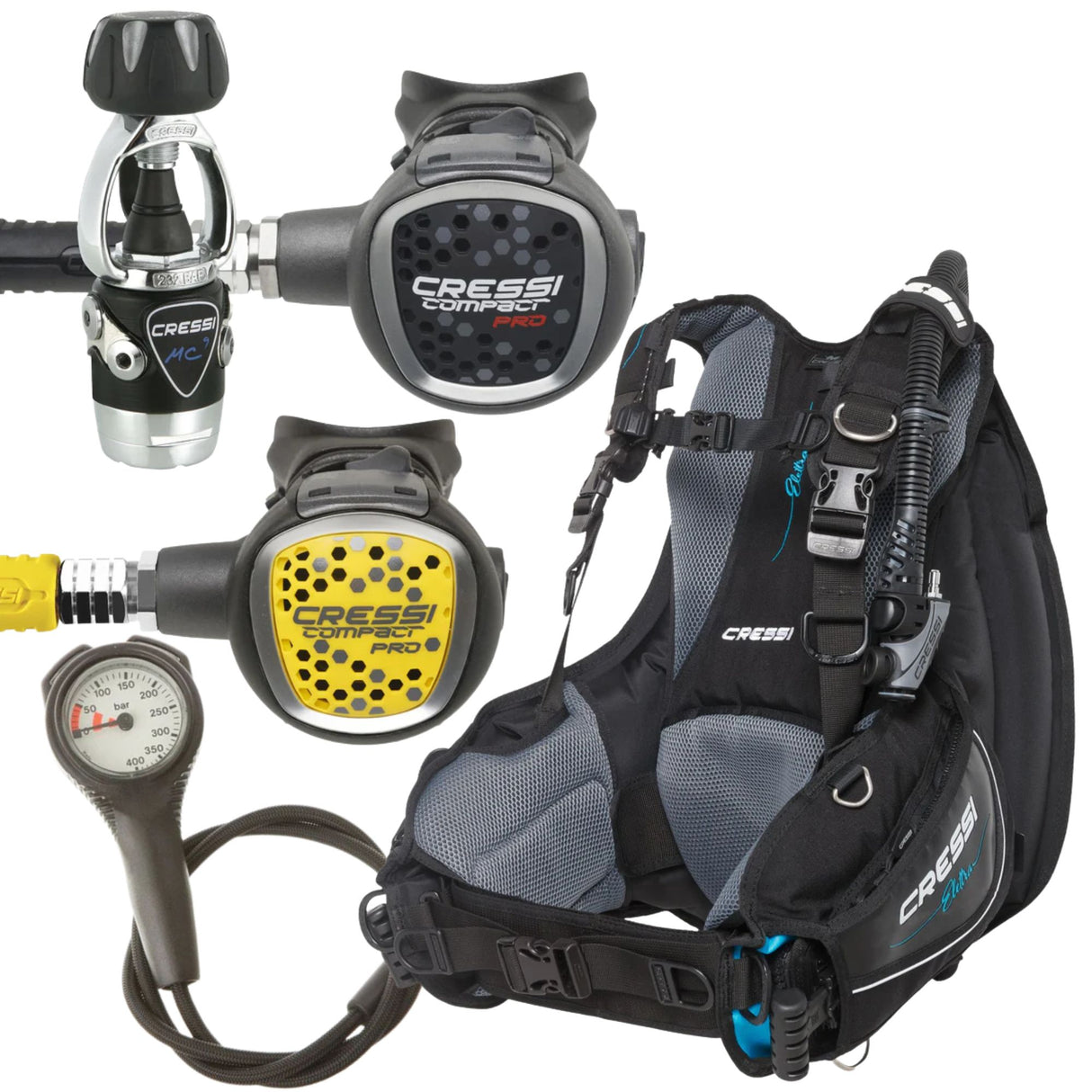 Cressi BCD Package: Elettra Ladies Pro + MC9-SC Compact Pro + Compact Pro Octopus + Gauges