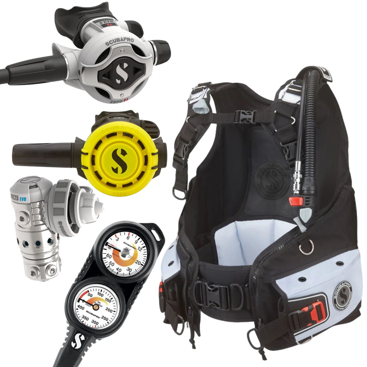 Scubapro Bella BCD Package: MK25 EVO / S620Ti White + R105 Octopus + Gauges