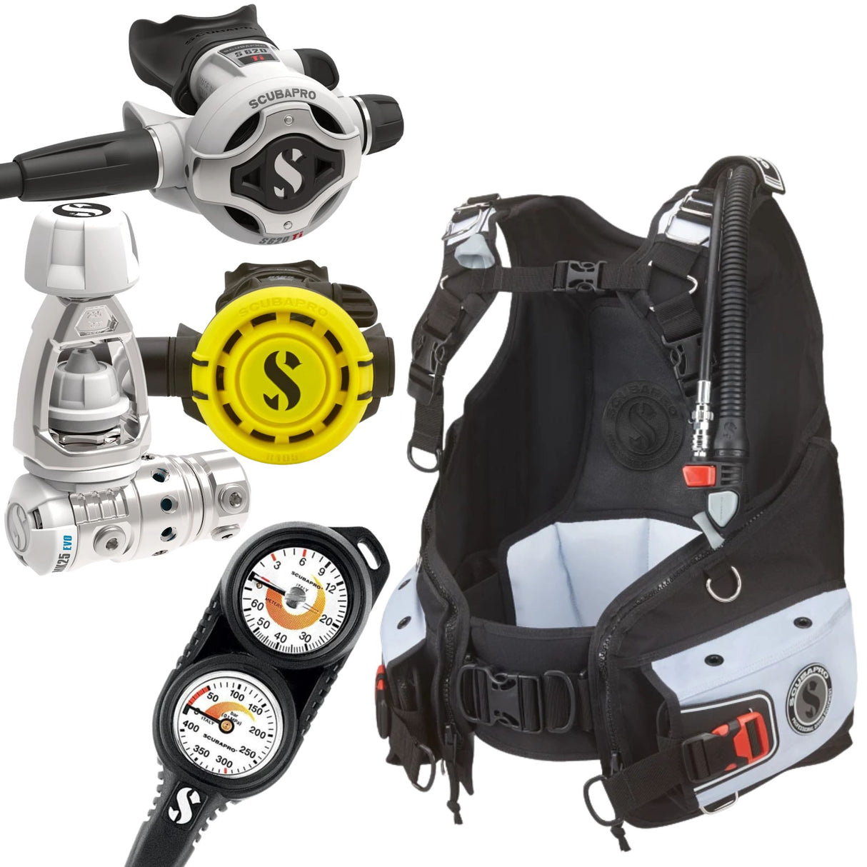 Scubapro Bella BCD Package: MK25 EVO / S620Ti White + R105 Octopus + Gauges