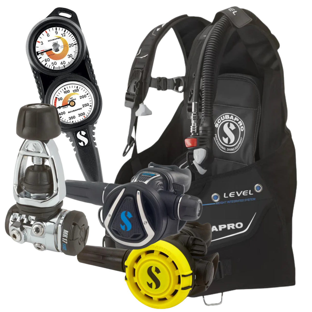 Scubapro Level BCD Package: MK17 EVO 2 / C370 + R105 Octopus + Gauges