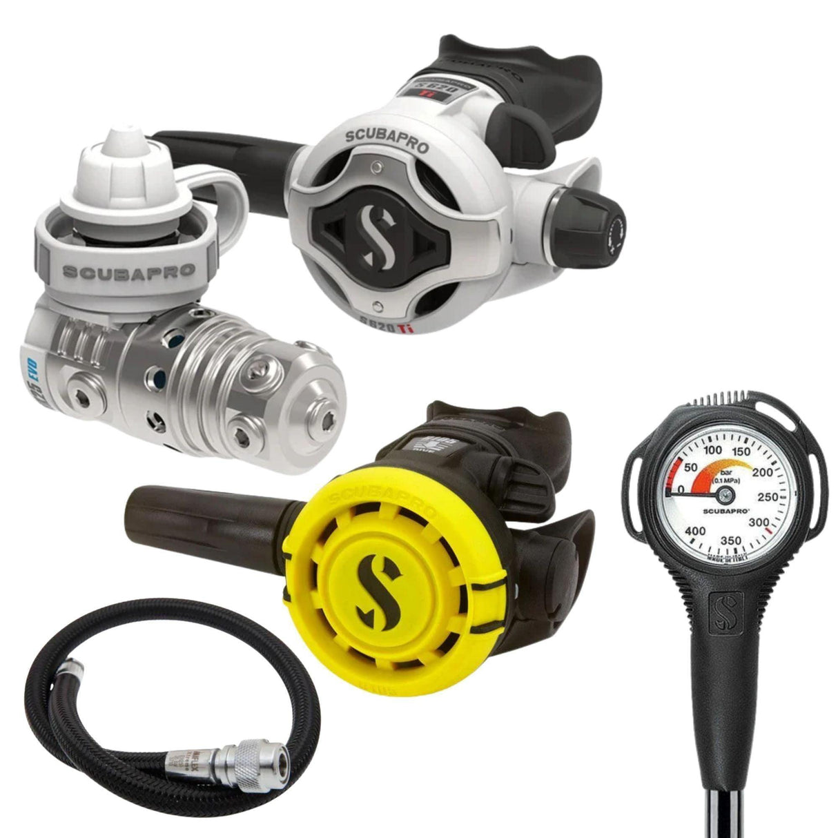 Scubapro Regulator Package: MK25 EVO / S620Ti White Edition+ R105 Octopus + Gauges + BCD Hose