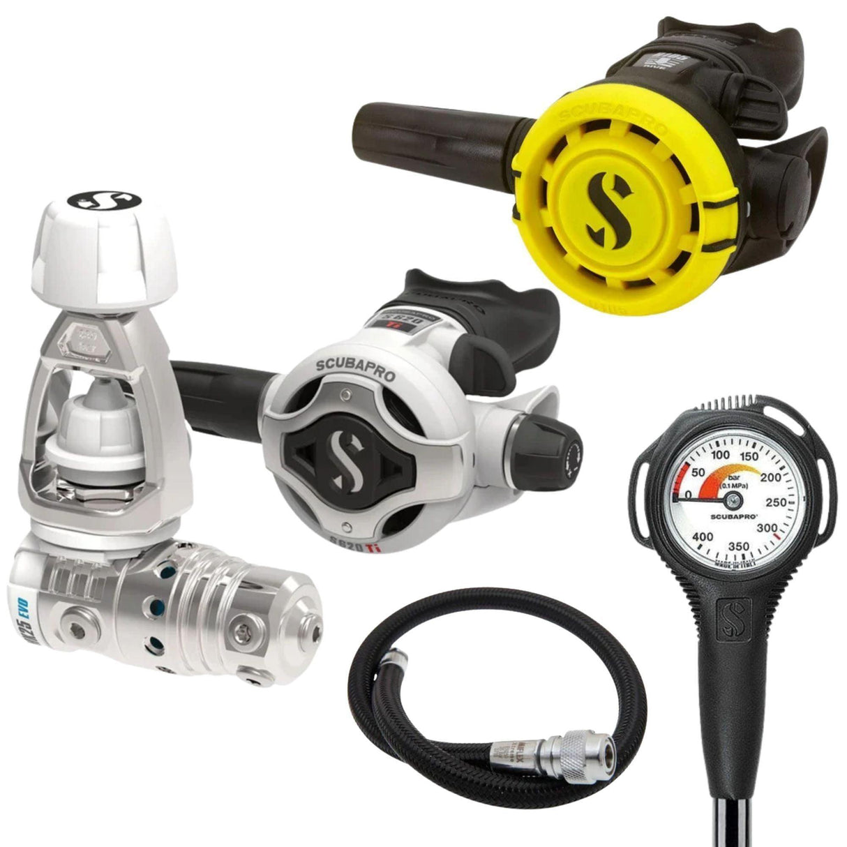 Scubapro Regulator Package: MK25 EVO / S620Ti White Edition+ R105 Octopus + Gauges + BCD Hose