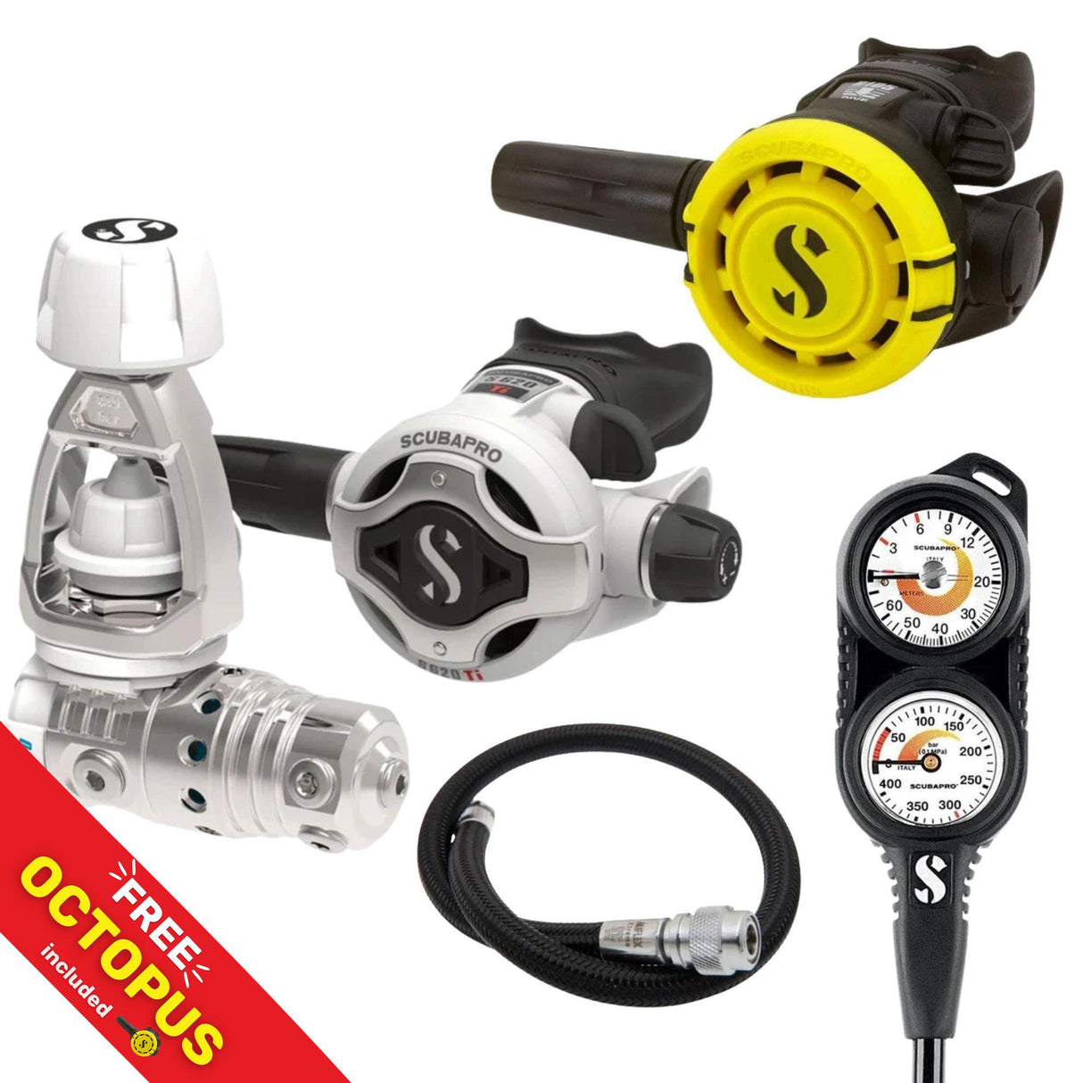 Scubapro Regulator Package: MK25 EVO / S620Ti White Edition+ R105 Octopus + Gauges + BCD Hose