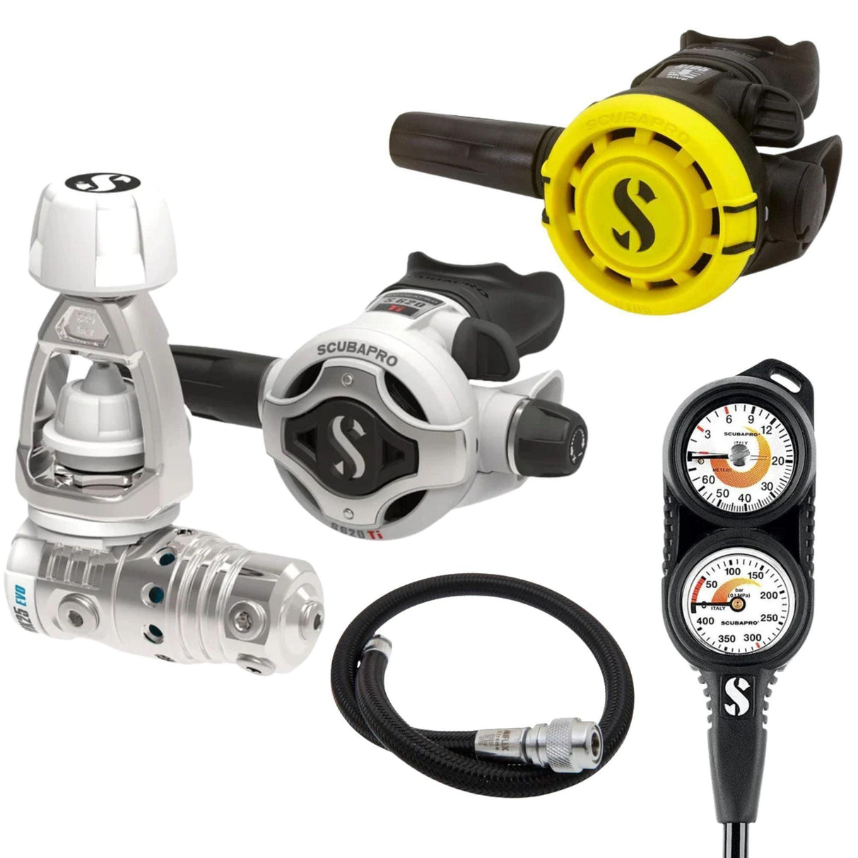 Scubapro Regulator Package: MK25 EVO / S620Ti White Edition+ R105 Octopus + Gauges + BCD Hose