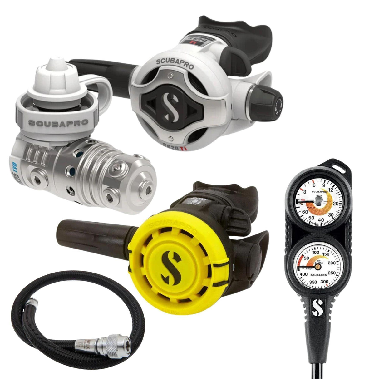 Scubapro Regulator Package: MK25 EVO / S620Ti White Edition+ R105 Octopus + Gauges + BCD Hose