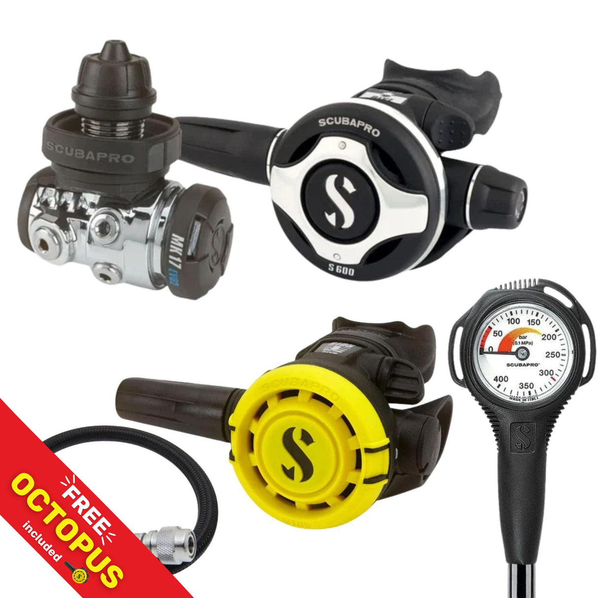 Scubapro Regulator Package: MK17 EVO 2 / S600 + R105 Octopus + Gauges + BCD Hose