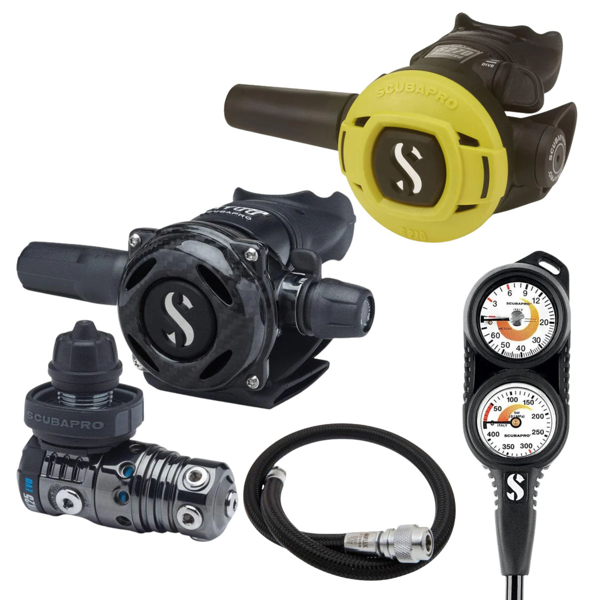 Scubapro Regulator Package: MK25 EVO / A700 Carbon Black Tech + S270 Octopus + Gauges + BCD Hose