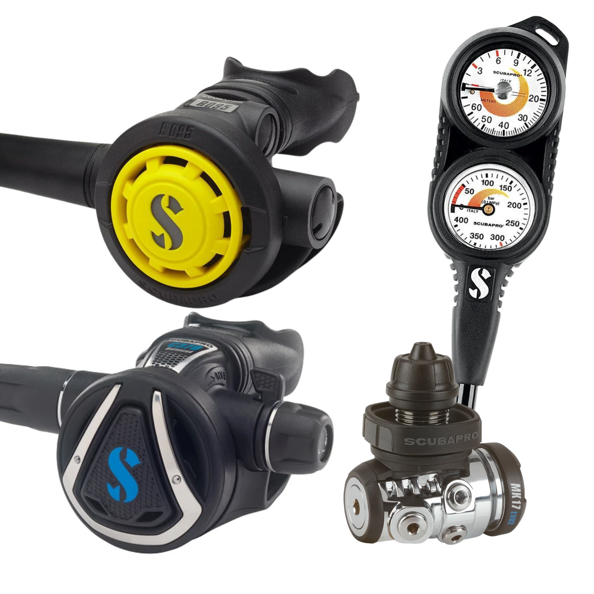 Scubapro MK17 EVO 2 Compact Twin Console Stage 4 Regulator Set and Scubapro Level BCD Dive Package