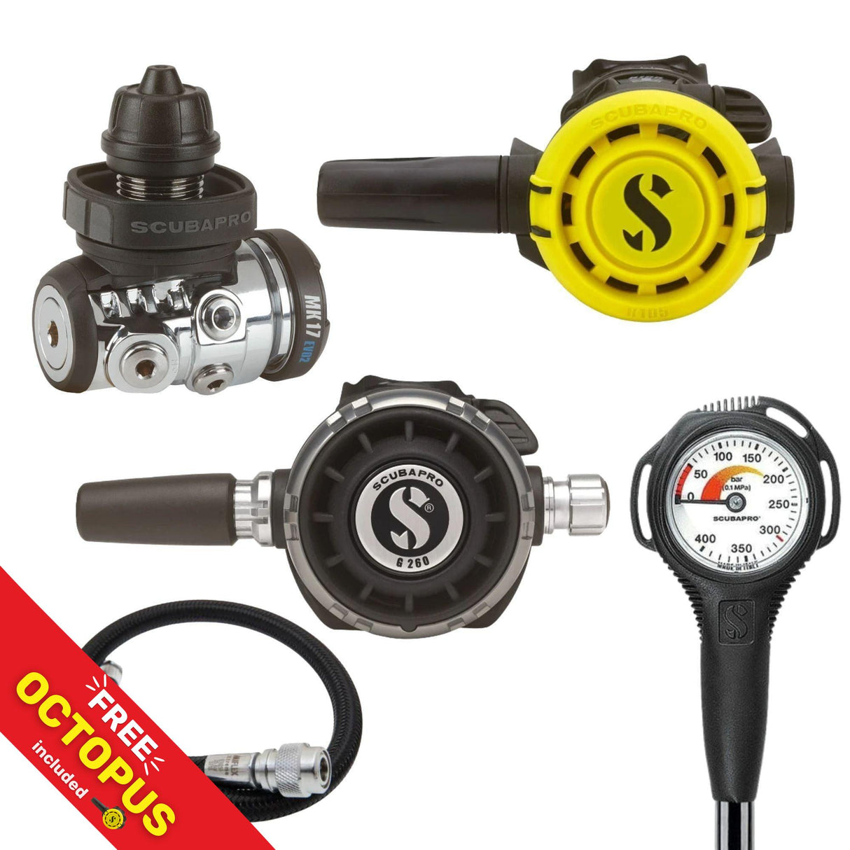 Scubapro Regulator Package: MK17 EVO 2 / G260 + R105 Octopus + Gauges + BCD Hose