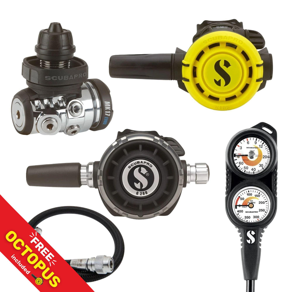 Scubapro Regulator Package: MK17 EVO 2 / G260 + R105 Octopus + Gauges + BCD Hose