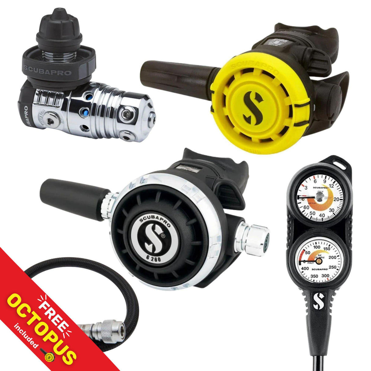Scubapro Regulator Package: MK25 EVO / G260 + R105 Octopus + Gauges + BCD Hose