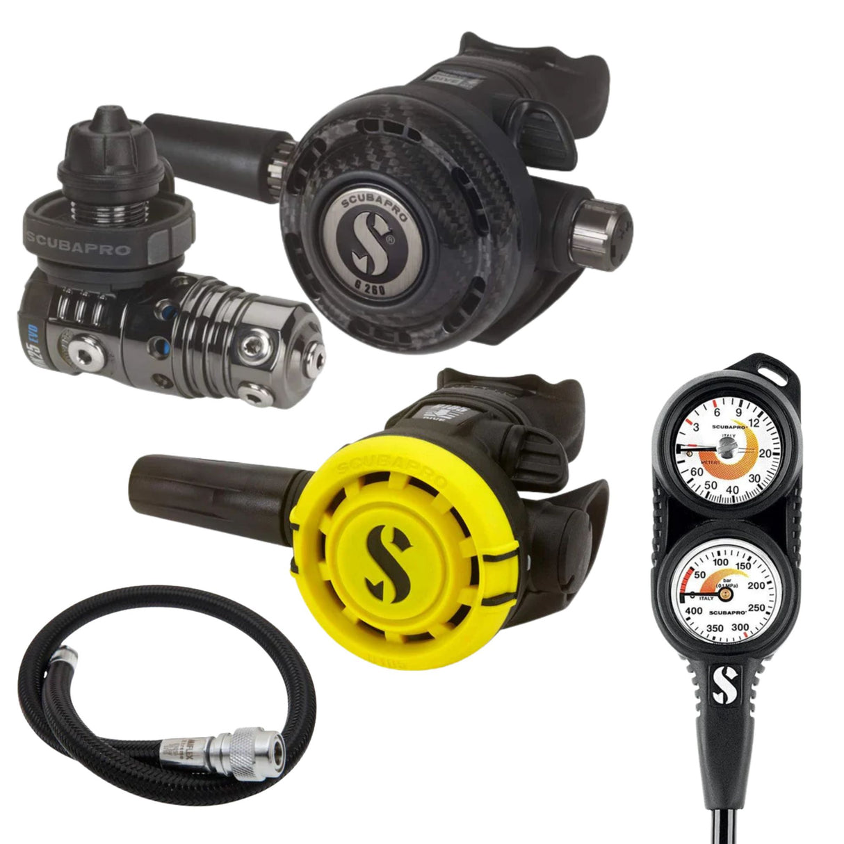 Scubapro Regulator Package: MK25 EVO / G260 Carbon Black Tech + R105 Octopus + Gauges + BCD Hose