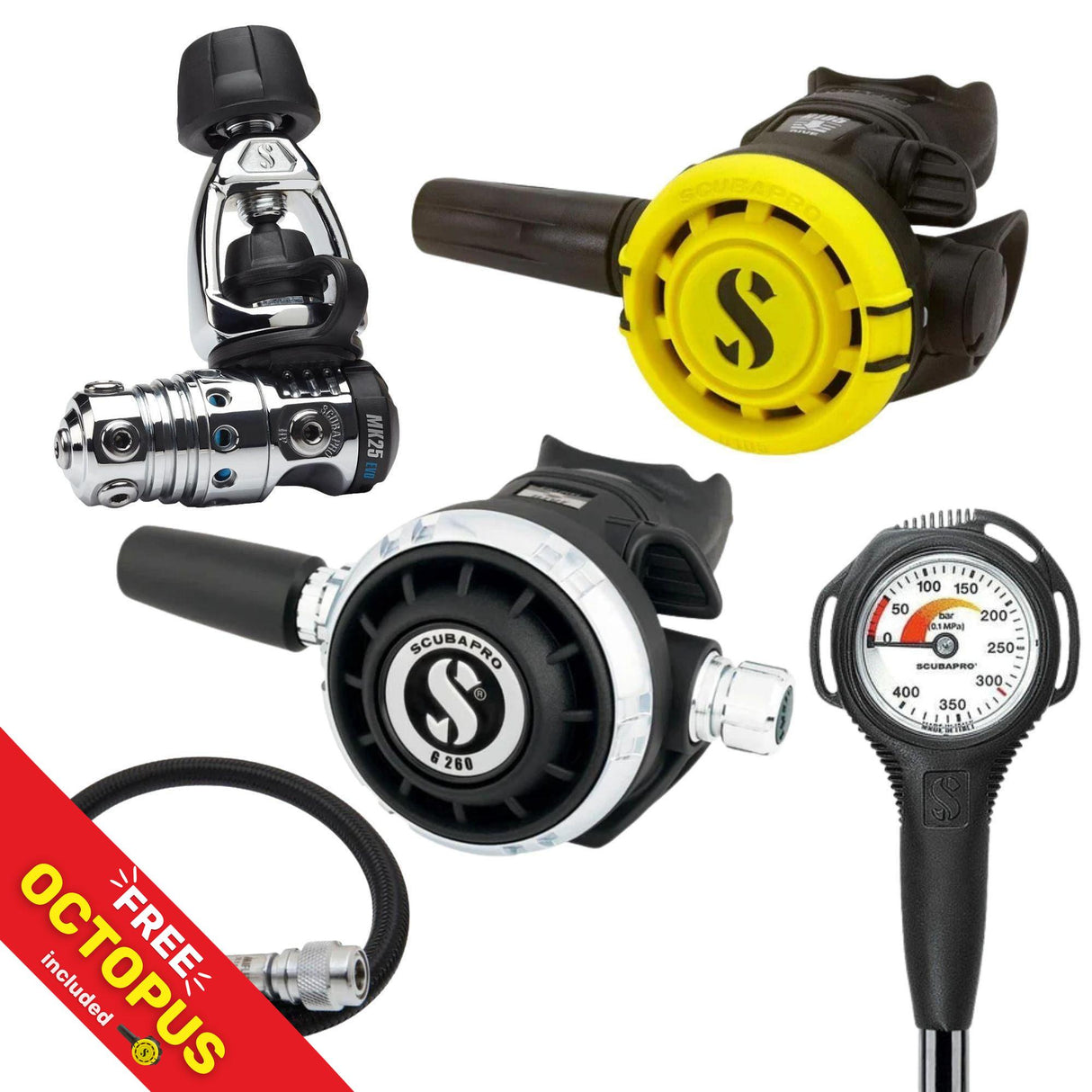 Scubapro Regulator Package: MK25 EVO / G260 + R105 Octopus + Gauges + BCD Hose