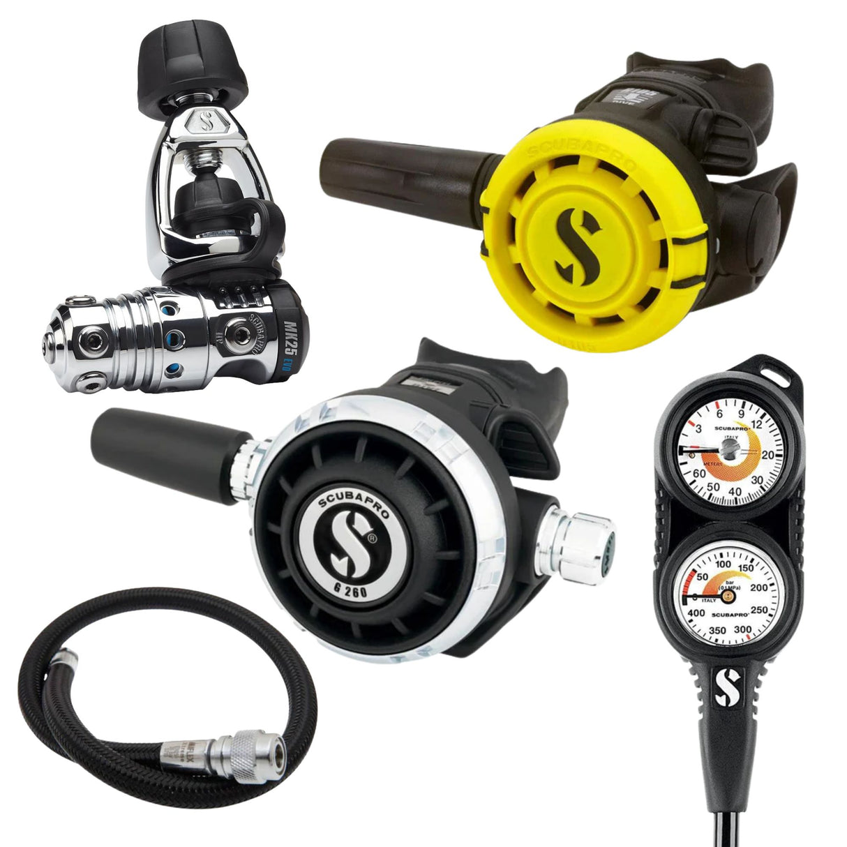 Scubapro Regulator Package: MK25 EVO / G260 + R105 Octopus + Gauges + BCD Hose