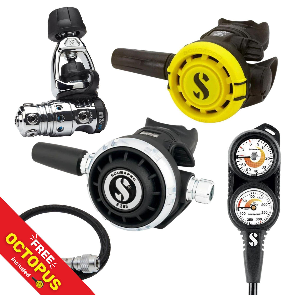 Scubapro Regulator Package: MK25 EVO / G260 + R105 Octopus + Gauges + BCD Hose