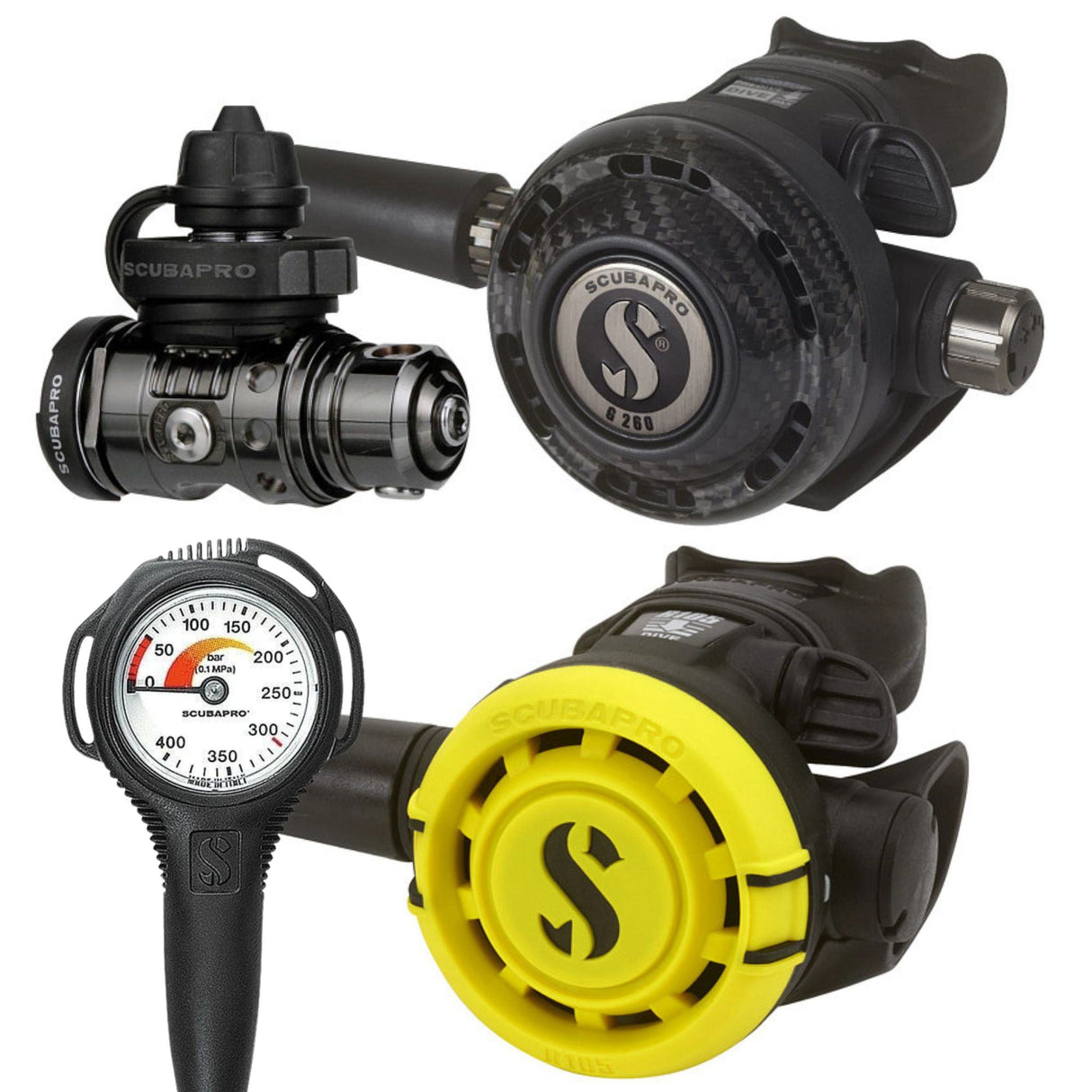 Scubapro MK19 EVO/G260 Carbon Black Tech Regulator Set with R105 Octopus and Compact SPG