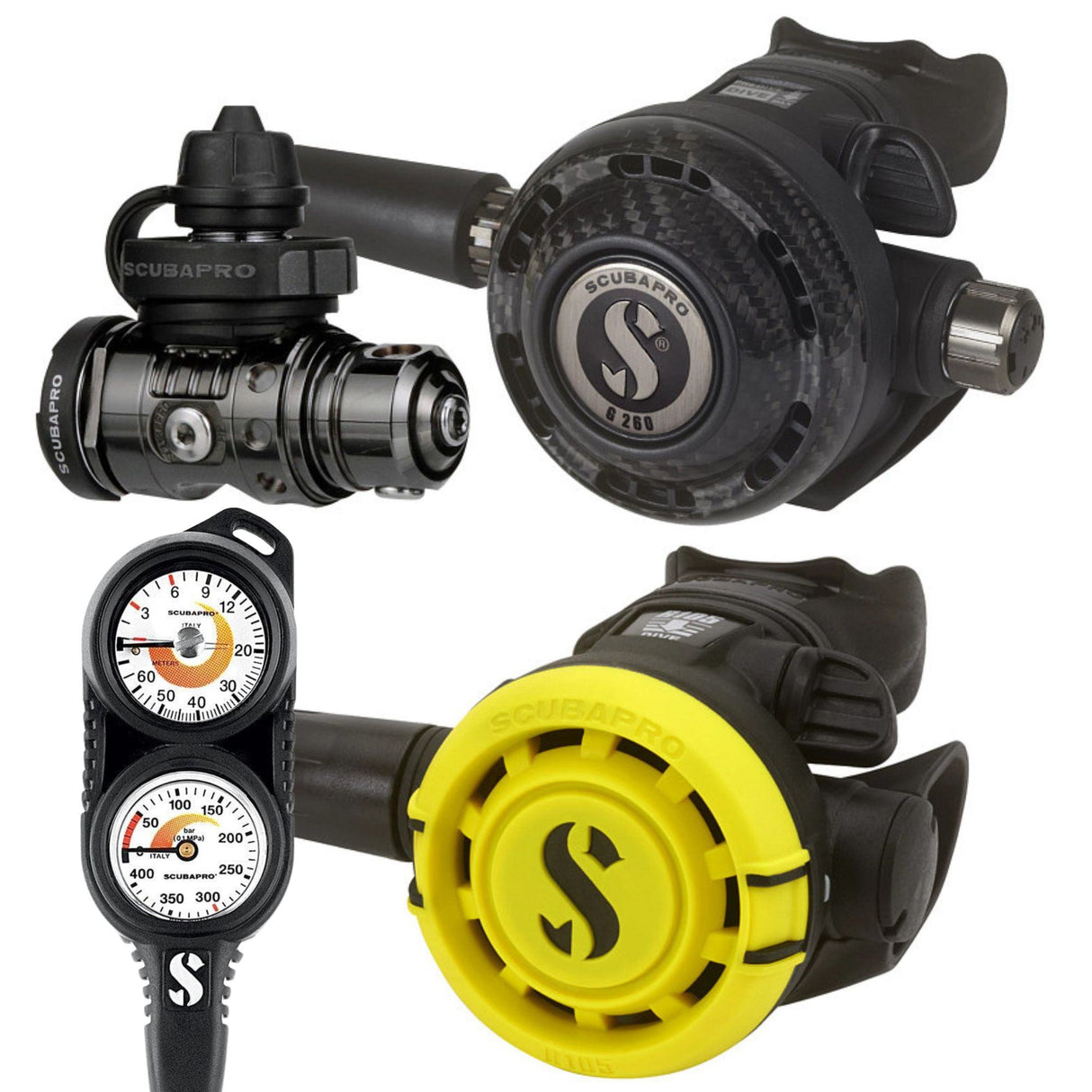 Scubapro MK19 EVO/G260 Carbon Black Tech Regulator Set with R105 Octopus and Twin Console