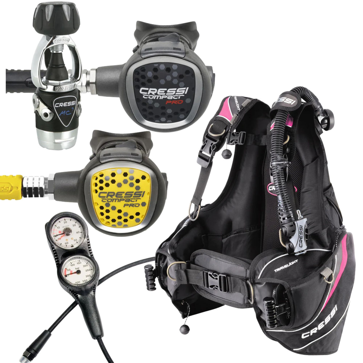 Cressi BCD Package: Travelight For Her + MC9-SC Compact Pro + Compact Pro Octopus + Gauges