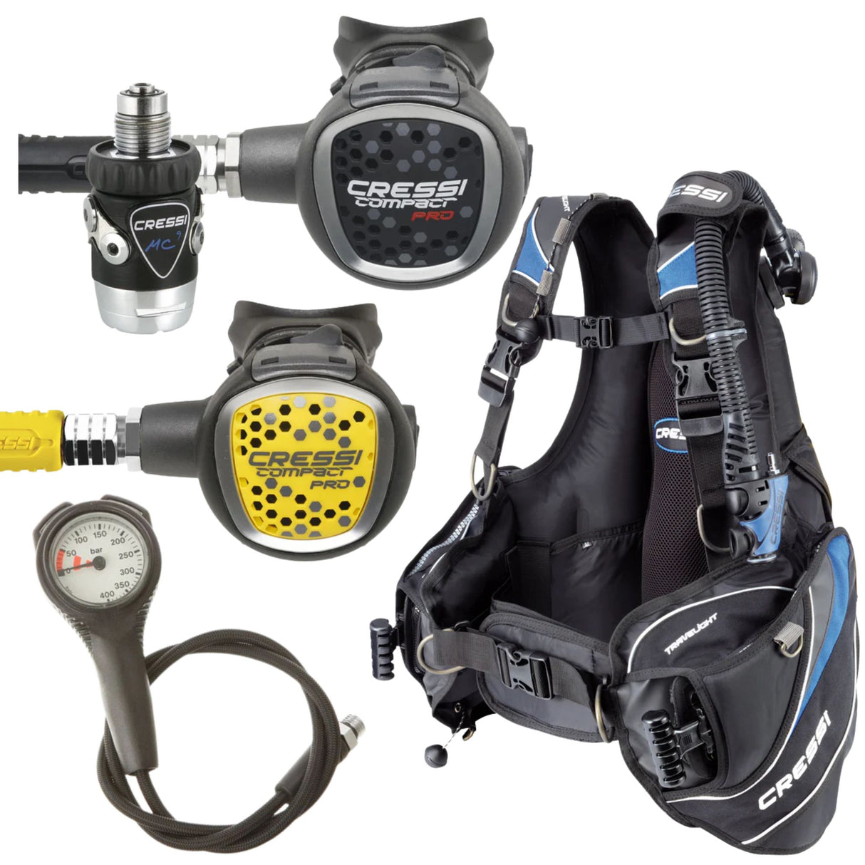 Cressi BCD Package: Travelight BCD For Men + MC9-SC Compact Pro + Compact Pro Octopus + Gauges