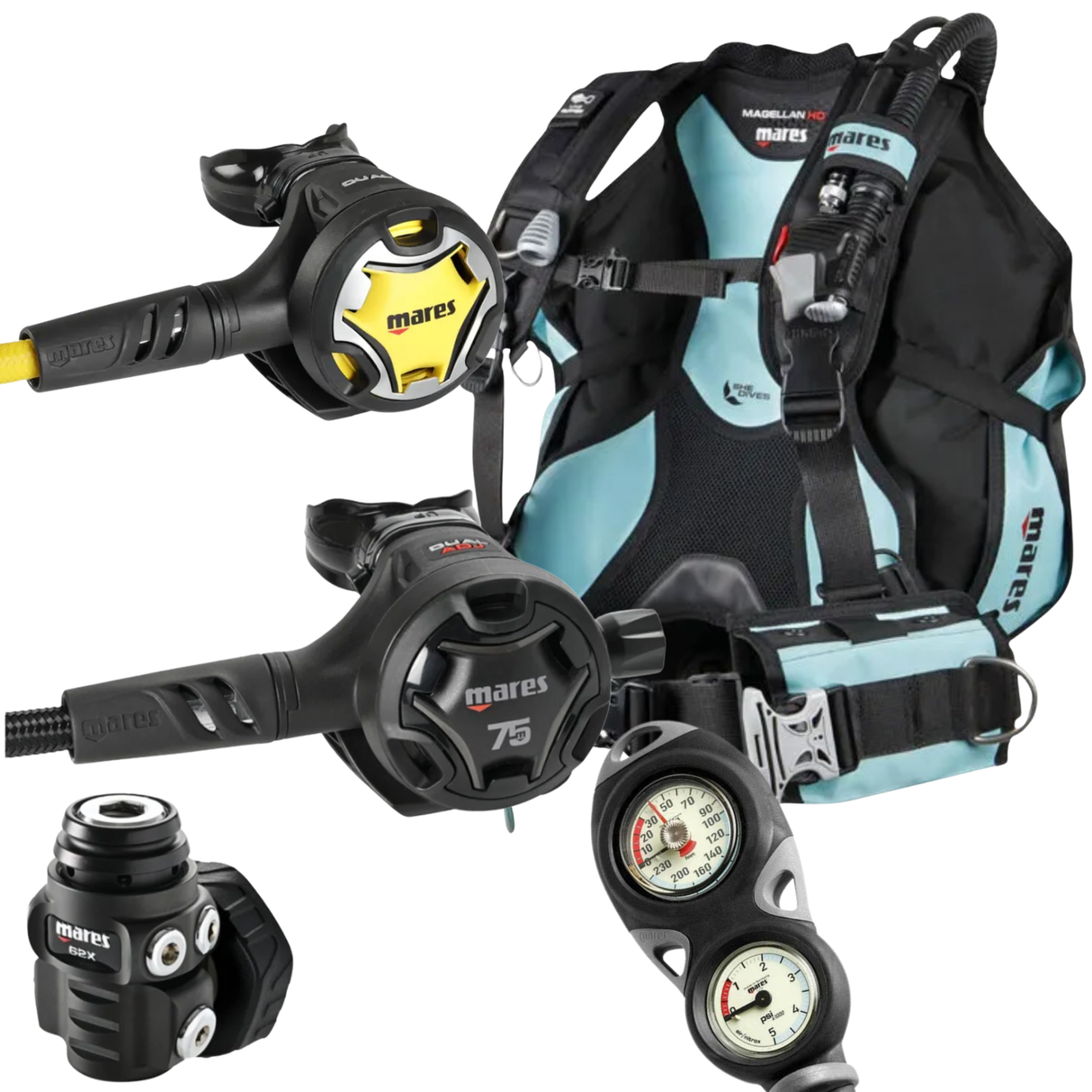 Mares Magellan HD She Dives BCD Package: Dual ADJ 62X 75th Anniversary + Octopus Dual + Gauges