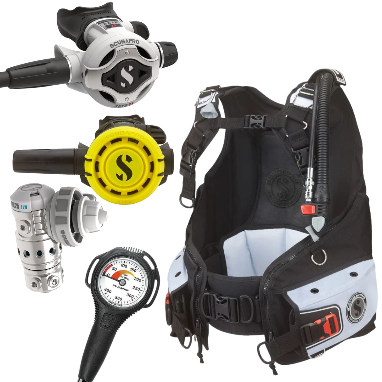 Scubapro Bella BCD Package: MK25 EVO / S620Ti White + R105 Octopus + Gauges