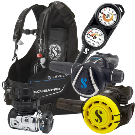 Scubapro MK17 EVO 2 Compact Twin Console Stage 4 Regulator Set and Scubapro Level BCD Dive Package