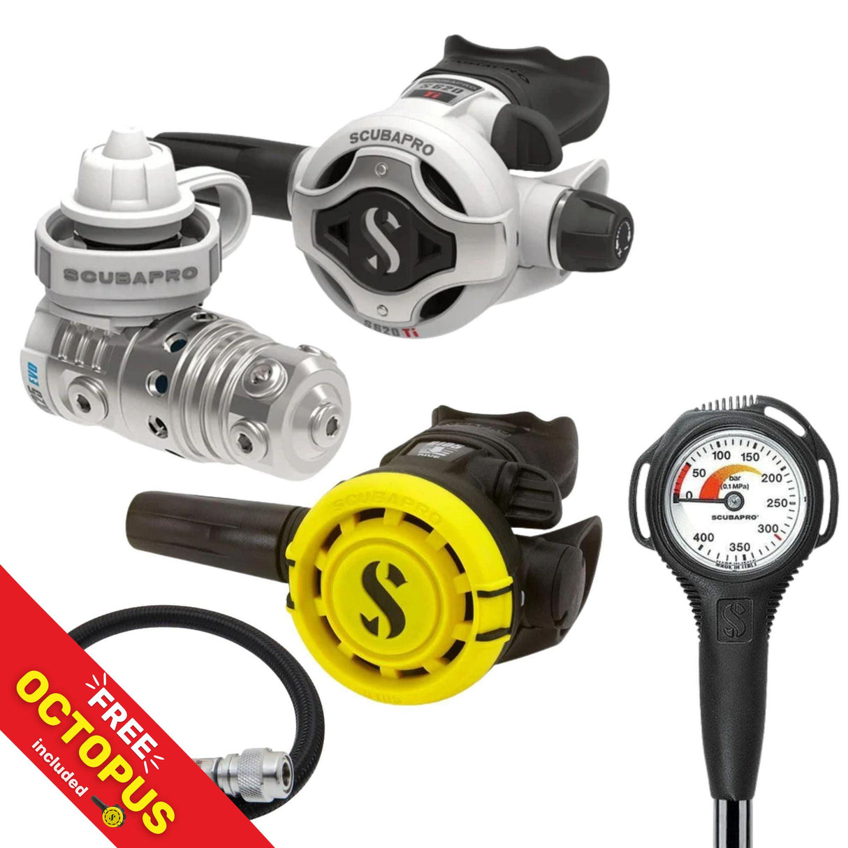 Scubapro Regulator Package: MK25 EVO / S620Ti White Edition+ R105 Octopus + Gauges + BCD Hose