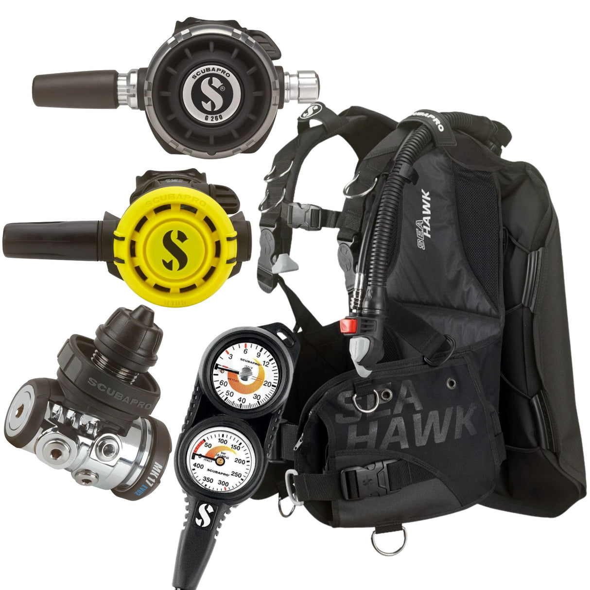 Scubapro Seahawk 2 BCD Package: MK17 EVO 2 / G260 + R105 Octopus + Gauges