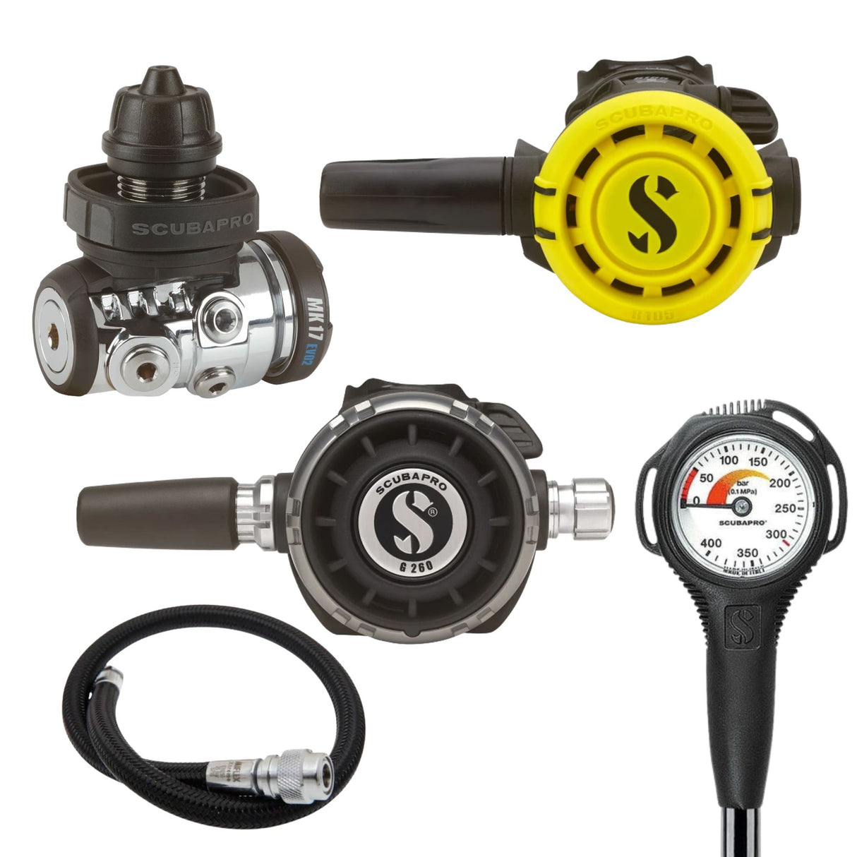 Scubapro Regulator Package: MK17 EVO 2 / G260 + R105 Octopus + Gauges + BCD Hose