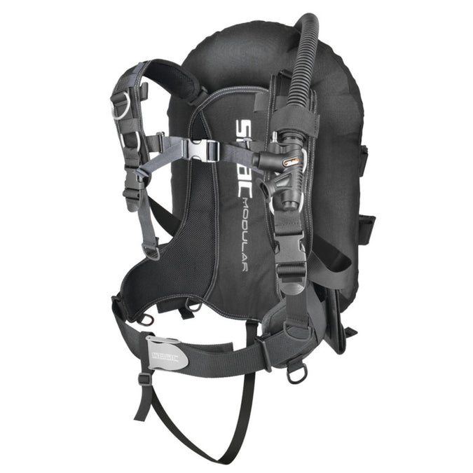 SEAC Modular BCD in black, wing-style rear-bag design with aluminum backplate and ballistic nylon harness