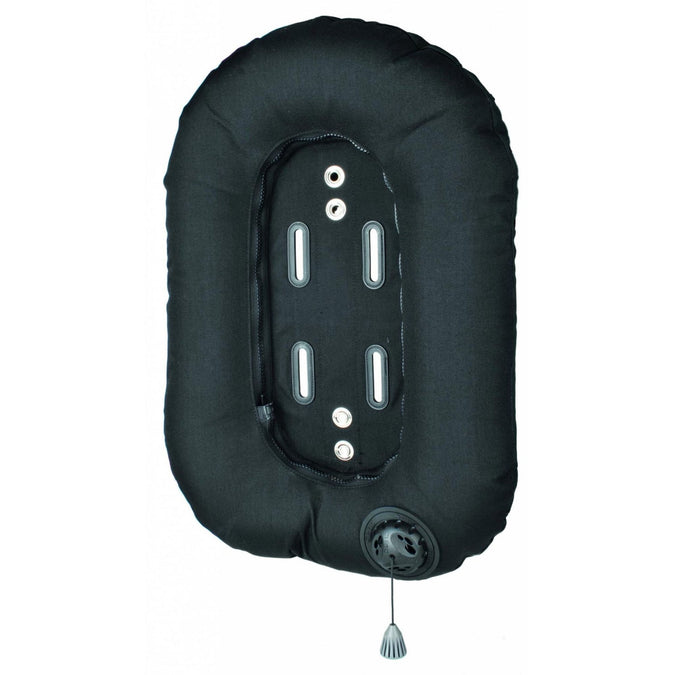SEAC Modular BCD red and black colourway side profile showing wing bladder, corrugated inflator hose, and weight pocket with Velcro quick-release