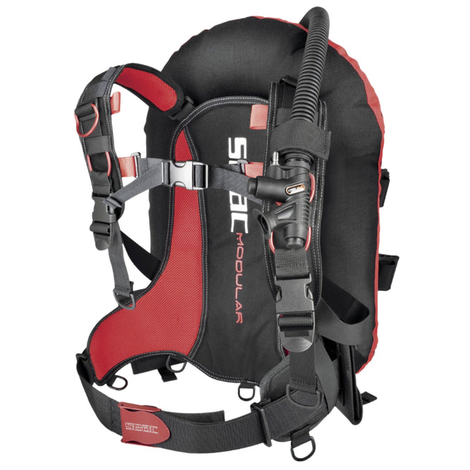 SEAC Modular R.E.V BCD in red and black, Cordura 1000D wing-style BCD with Rapid Exhaust Valve and piston inflator
