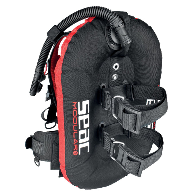 SEAC Modular R.E.V BCD rear view showing full wing inflation, Cordura 1000D fabric construction, standard eyelets for backplate mounting, and corrugated inflator hose with Rapid Exhaust Valve