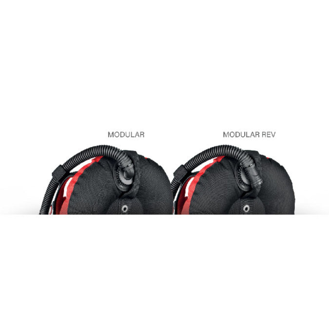 Side-by-side comparison of the SEAC Modular standard inflator (left) and SEAC Modular R.E.V Rapid Exhaust Valve piston inflator (right) showing the key hardware difference between the two BCD models