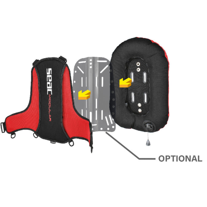 SEAC Modular BCD exploded view showing harness, aluminum backplate, and wing bladder as separate modular components